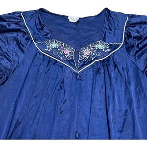 Vintage Vanity Fair Navy Blue Night Gown Nylon Floral Embroidered Large SEE